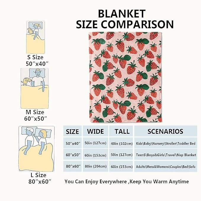 Sweet Strawberry Blanket Green Leaves Throw Blankets Gifts for Girls Women Adults Lightweight Soft Fleece Cozy for Sofa Couch Bed Room Travel Birthday Farmhouse Decor 50x60in