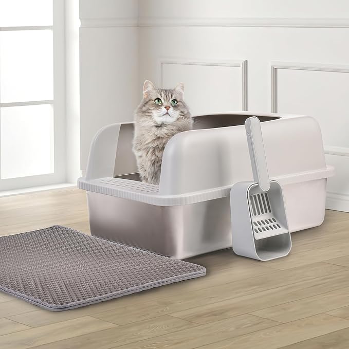 2 Pack Stainless Steel Cat Litter Box with Lid, 24" L x 16" W x 11.8" H, Extra Large Litter Box for Big Cats with High Sided, Anti-Urine Leakage, Easy Cleaning, Include Cat Mat and Scoop