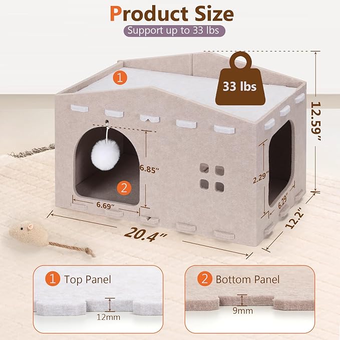 Cat House for Indoor Cat, Cozy Cat Bed Scratch Resistant Peekaboo Cat Cave Foldable Cat Tunnel for Multiple Large Cats Up to 33 Lbs Felt Cat Hideaway for Kitty with Fluffy Ball and Catnip Toy, Camel