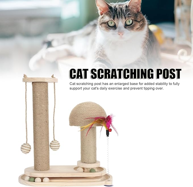 Cat Toy Cat Scratching Post 2 Layer Ball Track Kitten Scratcher Cat Toy, Sturdy Pine Hemp Cat Scratch Post Interactive Toy with Wood Ball, Suction Cup Base Cat Scratcher Toy