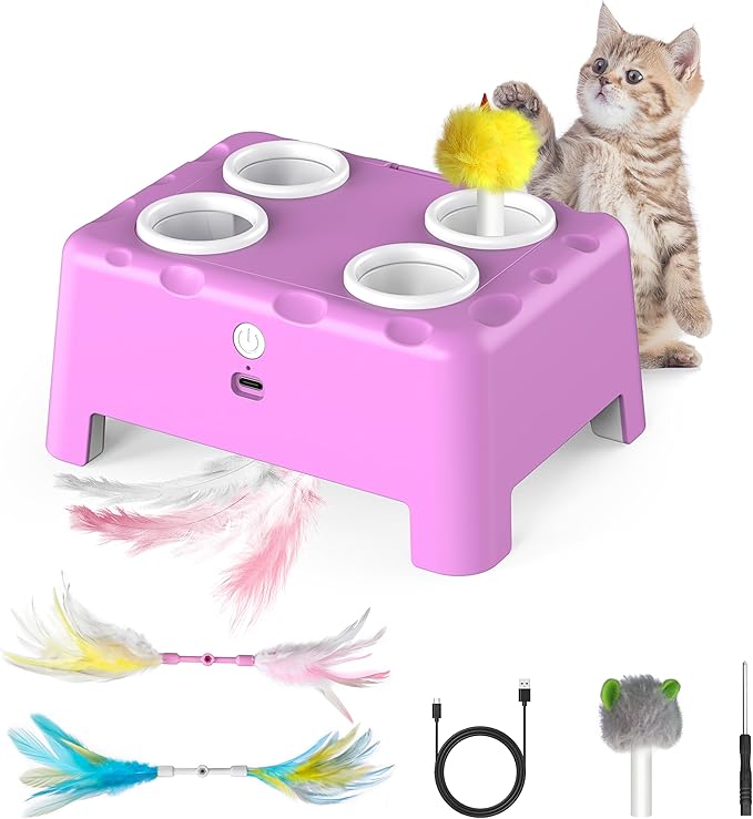 Cat Toys, Interactive Cat Toys, 2-in-1 Automatic Cat Toy, 4 Holes Mice Whack A Mole Cat Mouse Toy with Moving Feather, Portable USB Rechargeable Electronic Kitten Toys (Pink)