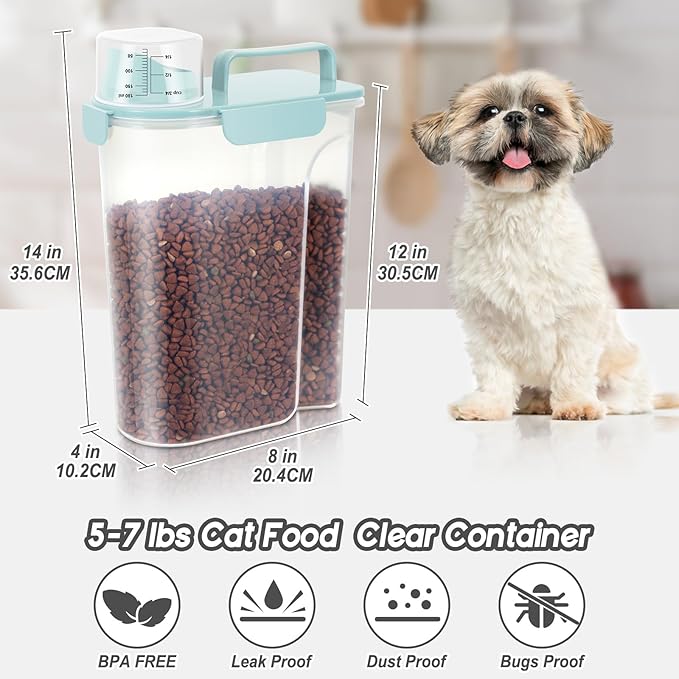 5-7Lbs Airtight Cat Dog Food Storage Container Portable with Upgraded Large Spout and Cup,Plastic Pet Dispenser for Small Animal Kibble,Bird Seed,Oatmeal,Rice,flour,brown sugart-Sky Blue
