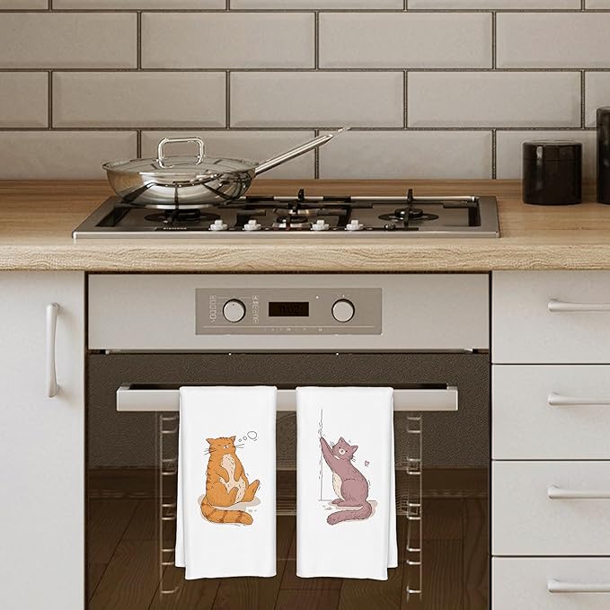 Cartoon Orange and Brown Cat Kitchen Towels Set of 2, Funny Cat Lover Mom Lady Gifts Dish Towels for Kitchen Decor, Cute Kitten Hand Towels for Bathroom Decor, 16x24 Inch