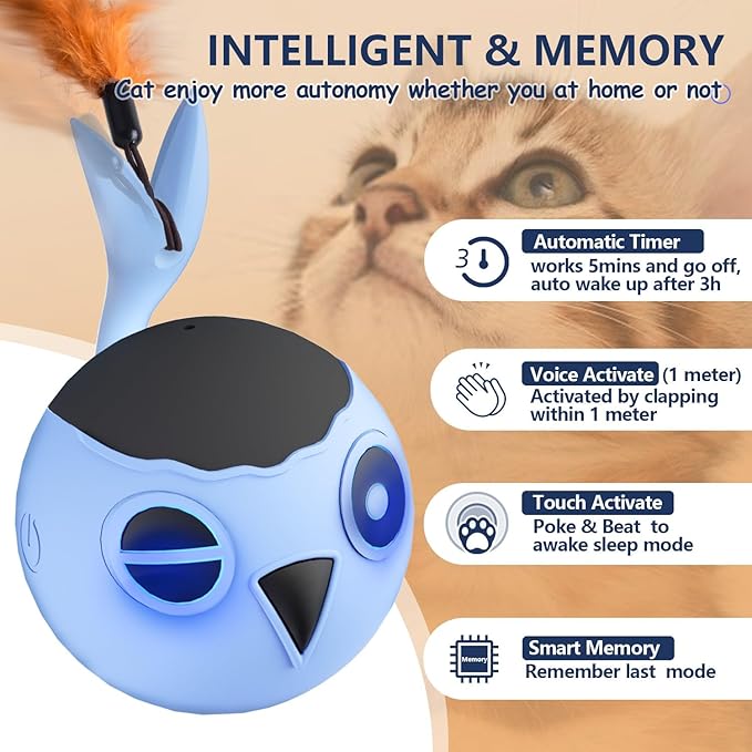 ORSDA Cat Toys, Interactive Cat Toys for Indoor Cats Automatic Moving Ball Bird for Bored Indoor Adult Cat Kitten Toys Ball, Motion Activated Fast Moving Chirping Stimulating Light, 2 Tails (Blue)