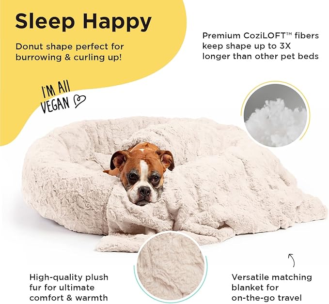 Best Friends by Sheri Bundle Set The Original Calming Lux Donut Cuddler Cat and Dog Bed + Pet Throw Blanket Oyster Large 36" x 36"