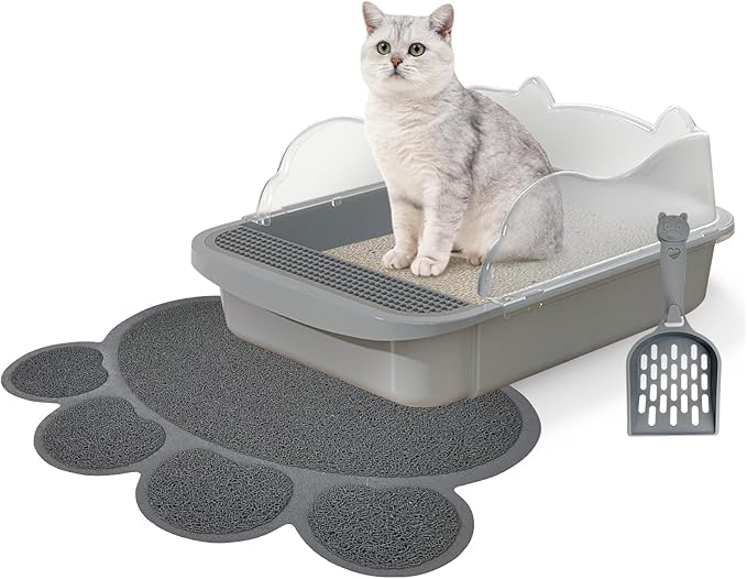 BNOSDM Cat Litter Box with Non-Slip Mat Sifting Litter Box Detachable High Sides, Open Top Litter Pan Pet Toilet with Scoop for Cats, Grey