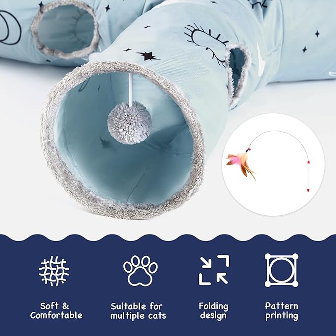 Tempcore Pet Cat Tunnel Tube Cat Toys 3 Way Collapsible, Cat Tunnels for Indoor Cats，Kitty Tunnel Bored Cat Pet Toys Peek Hole Toy Ball Cat, Puppy, Kitty, Kitten, Rabbit Blue Large Size Blue Sun