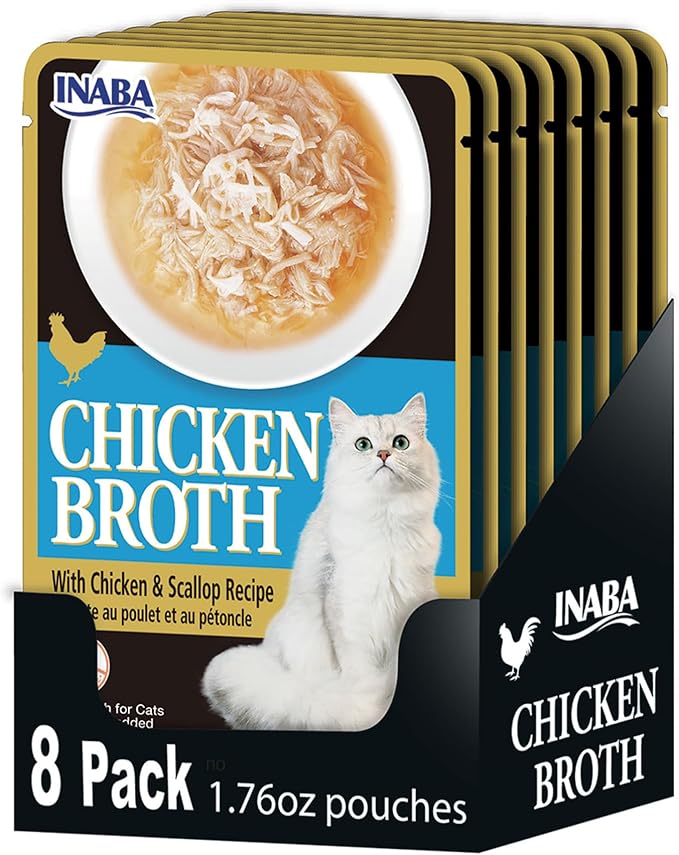 INABA Chicken Broth, Shredded Chicken & Broth Side Dish/Topper for Cats with Vitamin E, 1.76 Ounce Pouch, 8 Pouches Total, Chicken and Scallop Recipe