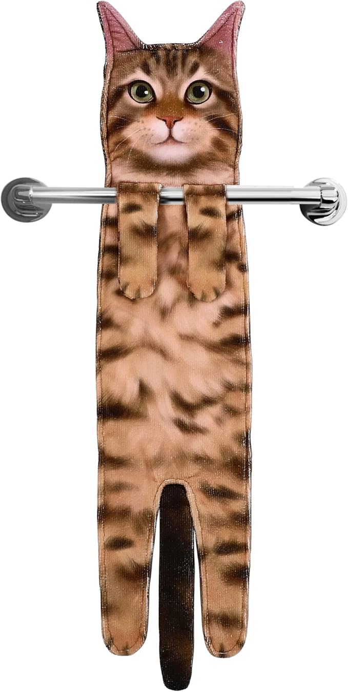Cat Funny Hand Towels for Bathroom Kitchen- Cute Decorative Kitten Decor Hanging Face Towels- Unique Housewarming Valentines Mothers Birthday Gifts for Women Mom Cat Lovers
