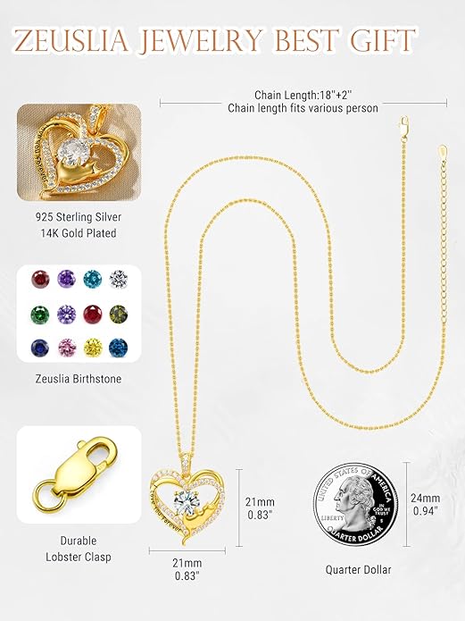 Birthstone Cat Necklaces,925 Sterling Silver Cat Necklace Heart Pendant for Women,Dainty Animal Jewelry for Her,Wedding Anniversary Birthday Gifts for Women Mom Grandma