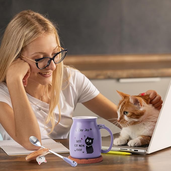 Best Mom Ever Coffee Mug - Mothers Day Gift for Mom, 16 Oz Purple Cute Cat Ceramic Cup with Spoon Lid, Birthday Gifts for Women, Best Mom Novelty Mug Ideas for Her, Mama, Grandma, Daughter, Sister