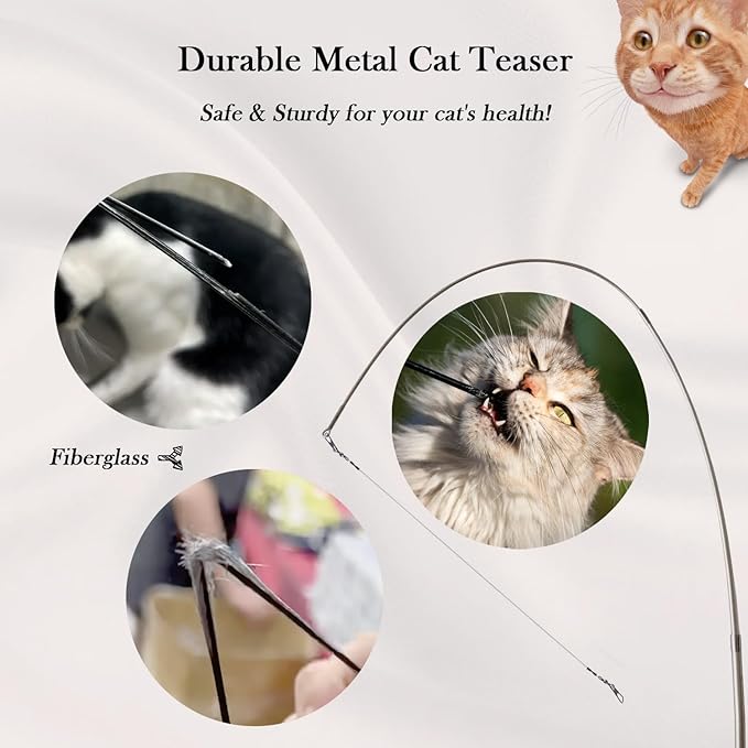 Cat Fishing Pole Toy, Cat Wand Toy,Metal Retractable Teaser Wand Fishing Rod with Wood Handle, 6 Feathers Replacement Attachments with Bells, for Kittens