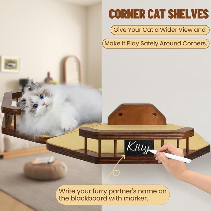 Cat Wall Furniture Wall Mounted, 2PCS Cat Shelves and Cat Perches for Wall with 3 Cat Wall Steps and Scratching Pad, Cat Wall Shelves Fit Cat Up to 15Lbs, Wood Cat Hammock Wall Mount (Brown)