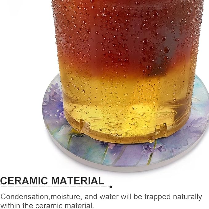 Bee Lavender Coasters for Drinks, Set of 4, 4 Inch Absorbent Diatomite Ceramics Coasters with Cork Base, Tabletop Protection, Suitable for Dining Tables, Desks, Restaurants, Cafes