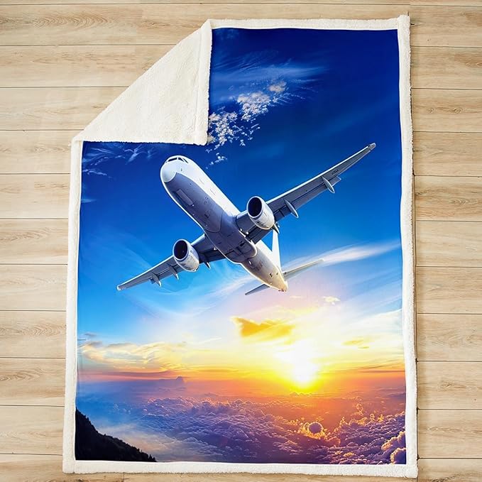 Feelyou Aircraft Throw Blanket Kids Teens Airplane Print Fleece Blanket for Couch Bed Sofa Aircraft Flying Sherpa Blanket Soft Flying Plane Travel Plush Fuzzy Blanket Room DecorBaby 30"x40"