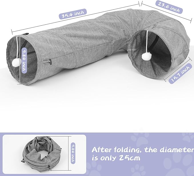 Cat Tunnel, Collapsible Bent Cat Tunnel Sturdy Oxford Fabric for Indoor Cats,Interactive Hanging Ball Pet Tunnel Tube with Cat Teaser Stick (Grey)