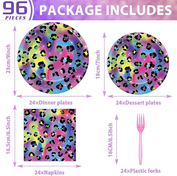 96Pcs Neon Rainbow Leopard Birthday Party Supplies Cheetah Party Plates and Napkins Neon Rainbow Leopard Party Disposable Tableware Decorations for Neon Baby Shower Party Favors for 24 Guests