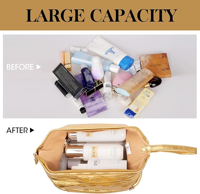 Abiudeng Large Capacity Makeup Bag Ladies Cosmetic Bag Travel Bag with Compartments Portable PU Leather Travel Makeup Bag with Handle