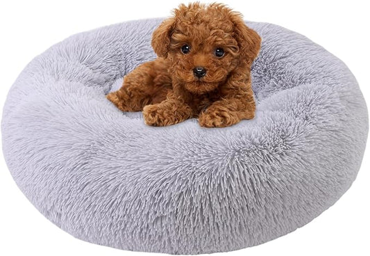 Calming Dog Bed, Dog Beds Fits up to 5 lbs Pets, Fluffy Donut Dog & Cat Bed Washable, Round Anti Anxiety Dog Bed, Small Dog Bed with Non-Slip Bottom (Light Grey, 17" x 17")