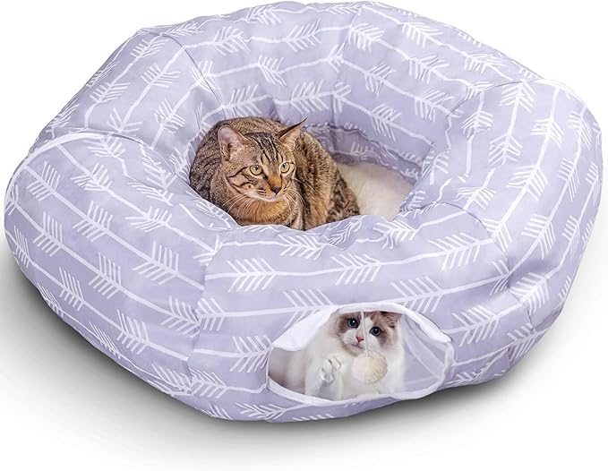 Nobleza Cat Tunnel Bed, Collapsible Washable Cat Tube Tent Toy for Indoor Play Rest, Lightweight Ventilate Cool Kitty Tube Toy Round Donut Tunnel with Detachable Cushion Hanging Balls
