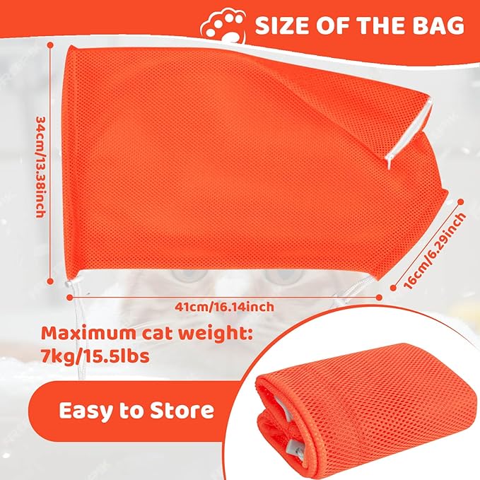 Cat Bathing Bag Anti Scratch and Bite, Cat Shower Bag Soft Mesh Net Bag for Small/Medium/Large Cats Restraint Grooming Nail Trimming Washing - Orange