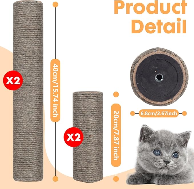 Barelove 4 Pack Cat Scratching Post Replacement, 15.7“ 7.9" Natural Sisal Rope Scratcher Posts Refill for Indoor Kittens Tower, Hemp Rope Scratch Pole Part Furniture Accessories with M8 Screws, Grey