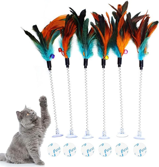 IUHKBH Cat Feather Wands, 6 PCS Spring Cat Wands with Bell Sucker Interactive Cat Teaser Wands for Cat and Kitten
