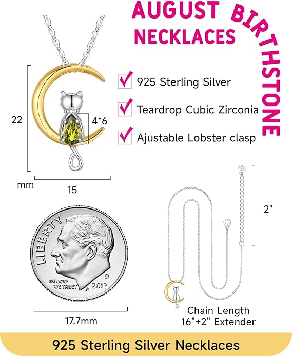 Birthstone Necklace for Women Girls, Cat Necklaces 925 Sterling Silver Teardrop Pendant 18K Gold-Plated Birthstone Jewelry Gifts for Birthday Easter
