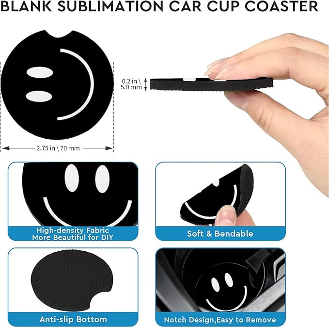 Car Coasters for Cup Holders,2 Pack Smiley Face Car Coasters,2.75" Universal Size Anti Slip Rubber Mat,Automotive Cup Holder Decal Decor Accessories,Smiley Face Gifts for Women,Men,Mom
