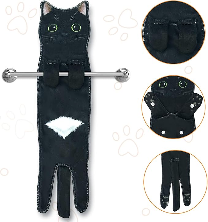 PAT JUUMG Funny Cat Hand Towels for Bathroom Kitchen Decor, Cute Decorative Hanging Face Towels, Super Absorbent Soft, Housewarming Gift, Cat Lovers Gifts for Women (2 Pack)