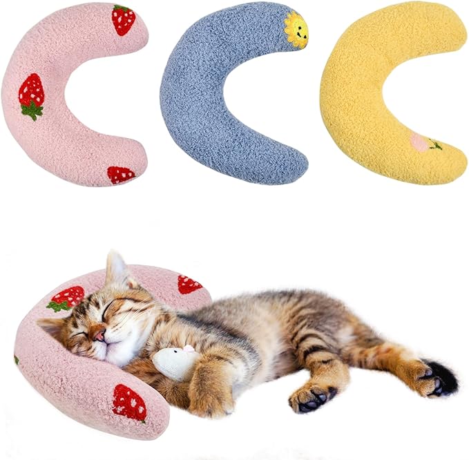 3 Pcs Kitten Pillow for Indoor Cats Puppy Cute Embroidery Pattern Kitten Pillow Bed Curl UP Half Donut Pet Sleeping Improve Pillow for Girl Boy Cats