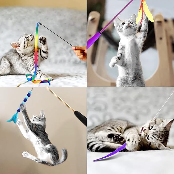 Cat Toys, 2PCS Retractable Cat Feather Toys, 10PCS Replacement Teaser Refill, 1PC Rainbow Ribbon Wand Interactive Kitten Toys for Indoor Cat Make Exercise