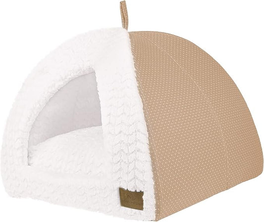 Cat Dog Tent Triangle Bed Removable Cushion Cover Two Way Conversion (Large, Beige Linen)