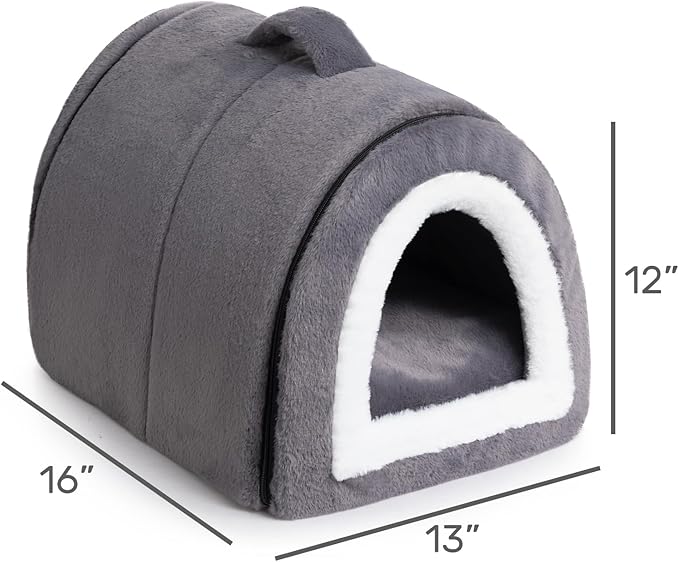 Hollypet Fluffy Cat Bed, 2 in 1 Foldable Cave House Animal Shaped Nest Pet Sleeping Bed, Deep Gray