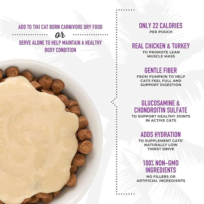 Tiki Cat Born Carnivore Functions Fit, Chicken & Turkey Recipe in Broth, Formulated to Support Optimal Body Condition, Mousse Cat Food Topper, 1.5 oz. Pouch (12 Count)