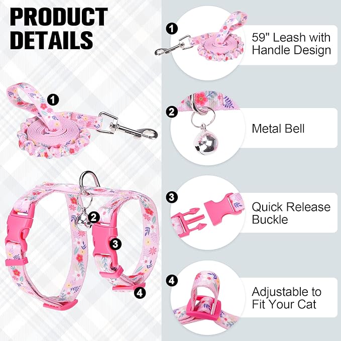 BEAUTYZOO Cat Harness and Leash Set Escape Proof for Walking, Kitten Soft Adjustable Vest Harnesses for Small Medium Large Cats, Easy Control Breathable Plaid Ribbon Nylon for Outdoor Indoor Use