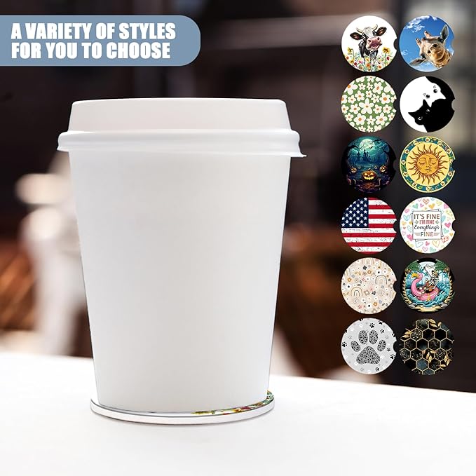 Car Cup Holder Coaster - Cow Flower Absorbent Ceramic Coaster, Car Coasters for Cup Holders, Auto Accessories for Women & Men, Pack of 2