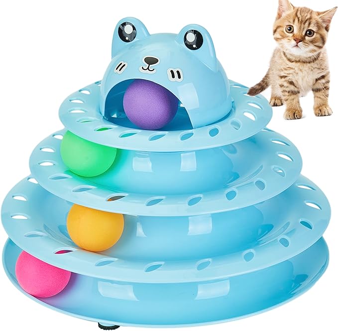 Gefryco Cat Toys Ball Track, Turntable Cat Tower Toy with 4-Tier Roller, Multi-Level Interactive Cat Toys for Indoor Cats, Fun Puzzle Kitten Exercise Toys with Colorful Chase Balls(Blue)