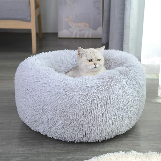 Round Donut Cat and Dog Cushion Bed, Pet Bed for Cats or Small Dogs, Anti-Slip & Water-Resistant Bottom, Super Soft Durable Fabric Pet Beds, Washable Luxury Cat & Dog Bed Light Grey 19.7'