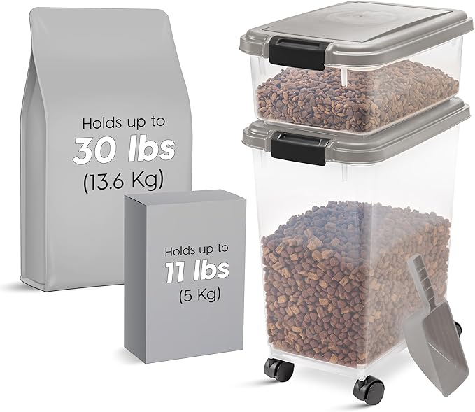 IRIS USA Dog Food Storage Container, 30 lbs & 11 lbs Combo, Cat Food Storage Container, Dog Treat Container, Airtight, Stackable, 2-Cup Scoop, Wheels, Easy Mobility, Chrome