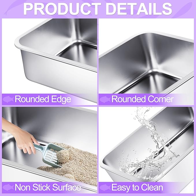 3 Pack Stainless Steel Cat Litter Boxes 23.6"L x 15.7"W x 7.9"H Extra Large Metal Litter Boxes with High Sides Sturdy Aluminum Litter Pans for Pets No Smell, Non Stick, Easy to Clean (XXL)