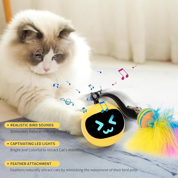Interactive Cat Toy Ball,Simulated Hunting Remote Control Cat Toy,Electric Cat Automatic Ball Fast Rolling in Pouch, Motion Activate Chirping Hide and Seek Cat Toy (Yellow Ball)