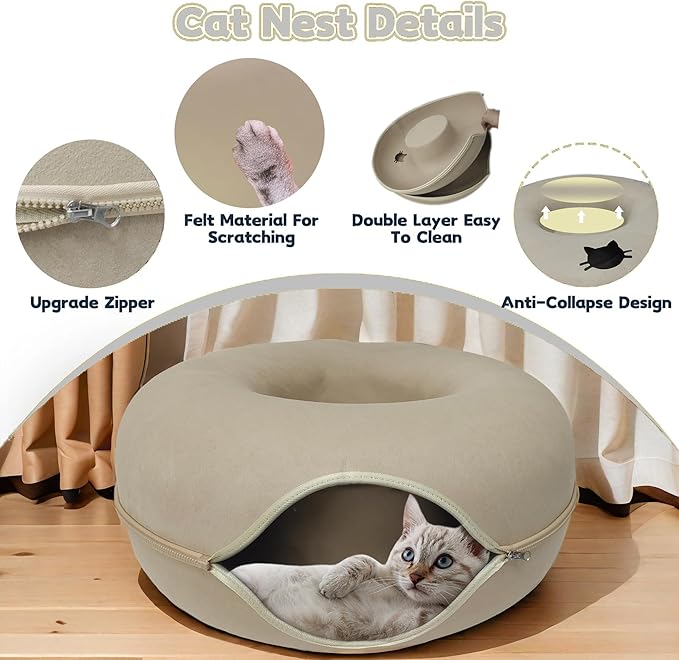 Donut Cat Tunnel Bed Peekaboo Cat Cave for Large Cats Up to 30 Lbs, Kitty Interactive Playing Tent House for Multiple Cats,Detachable,Scratch Resistant (Beige, Medium - 20 Inch Diameter)