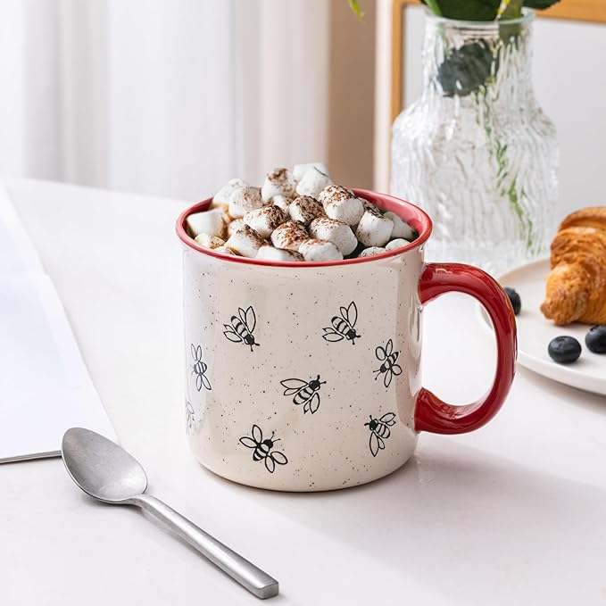 AmorArc 22 OZ Large Ceramic Coffee Mugs, Oversized Soup Cups With Big Handle for Men Women Dad Mom, Big Mug With Textured Bees Patterns for Office & Home -Microwave Safe, 2 Pcs-Red