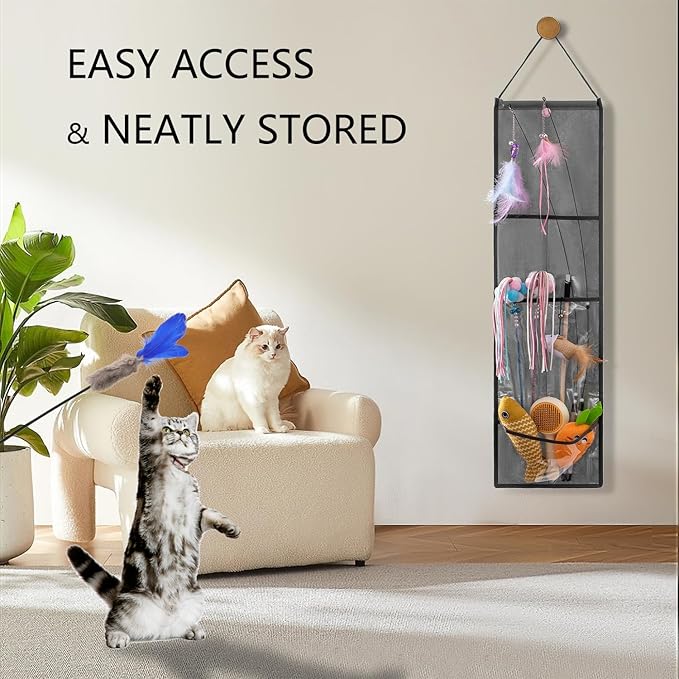 Hanging Cat Wand Holder Kitten Stick Toy Storage Bag Cat Accessories Organizer for Indoor Cats (Clear Pockets)