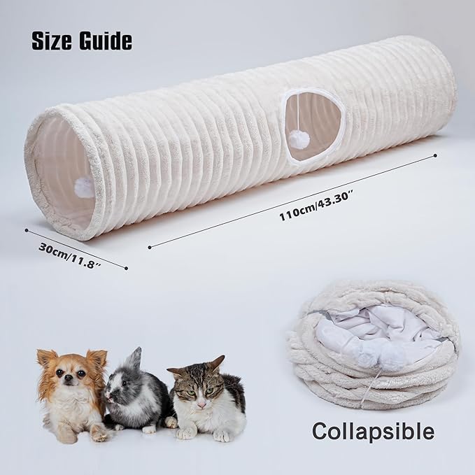 Luxurious Cat Tunnel,43" Straight Cat Tunnel Bed with Balls,Cat Toys for Indoor Cats,Collapsible Peekaboo Cat Cave for Kitten Toys（White Stripe）