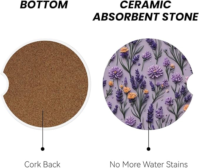 Absorbent Ceramic Car Coasters for Cup Holders, Purple Lavender Flower Design 2.56" Anti Slip Universal Drink Cup Coasters for Women Men (2 Pack)