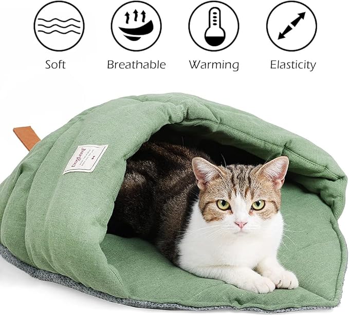 Cat Sleeping Bag , Linen Fabric Bed Cave Leaf Nest Pet Cuddle Zone Covered Hide Hood Burrowing Cozy Soft Durable Washable with Non-Slip Bottom for Indoor Puppy and Kitten (Green), PD50082