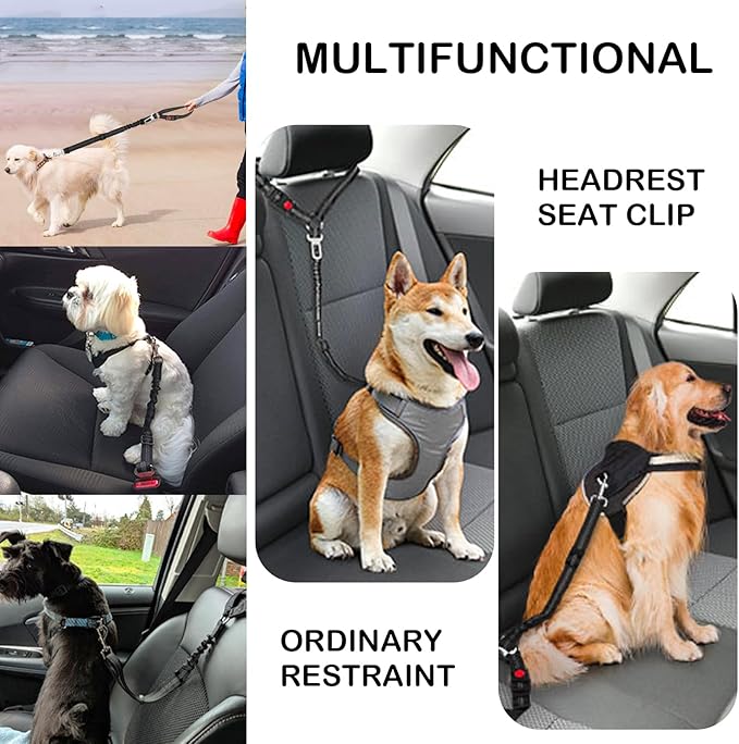 2 Packs Removable Dog Seat Belt Harness for Car, 3 in 1 Pet Dog Car Seatbelt Leash, Retractable Restraint Secures to Vehicle Headrest & Adjustable Reflective Dog Seatbelt Tether