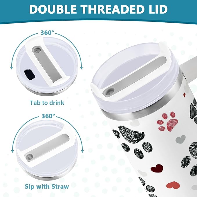 Boccsty Black Red Dog Paw Prints Hearts Insulated Tumblers Reusable Stainless Steel Tumbler 30 oz Cup Coffee Travel Mug Water Bottle with Handle & Flip Straw for Home Office Car